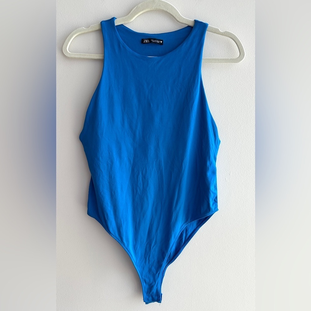 ZARA Bright Blue Highneck Racerback Tank Bodysuit, Size Large